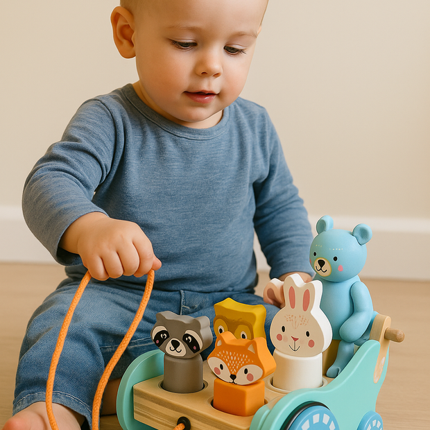 Carreta de Animales Aventureros – Juguete de arrastre y encaje de madera