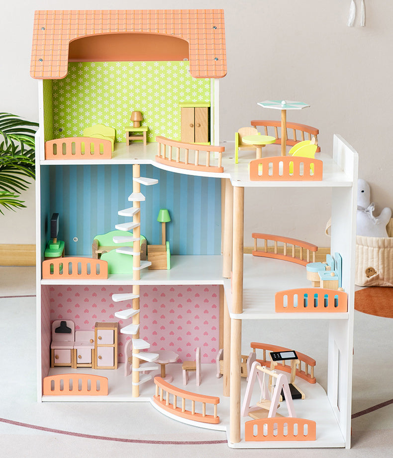 Casa de Muñecas Princess Villa – Madera de lujo con 3 niveles, muebles y muñecos incluidos