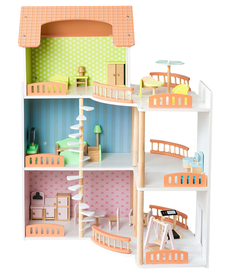 Casa de Muñecas Princess Villa – Madera de lujo con 3 niveles, muebles y muñecos incluidos