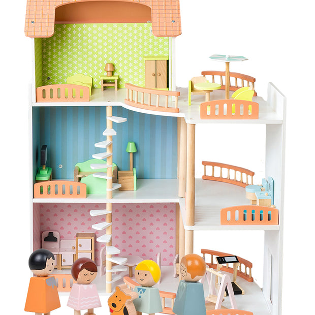 Casa de Muñecas Princess Villa – Madera de lujo con 3 niveles, muebles y muñecos incluidos