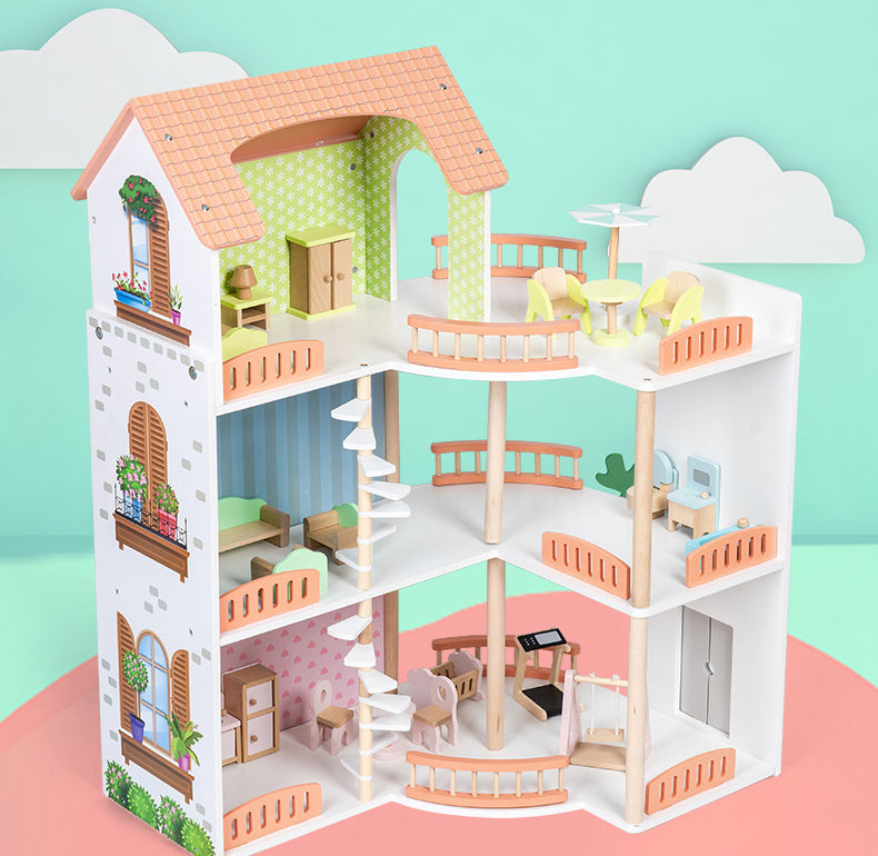 Casa de Muñecas Princess Villa – Madera de lujo con 3 niveles, muebles y muñecos incluidos