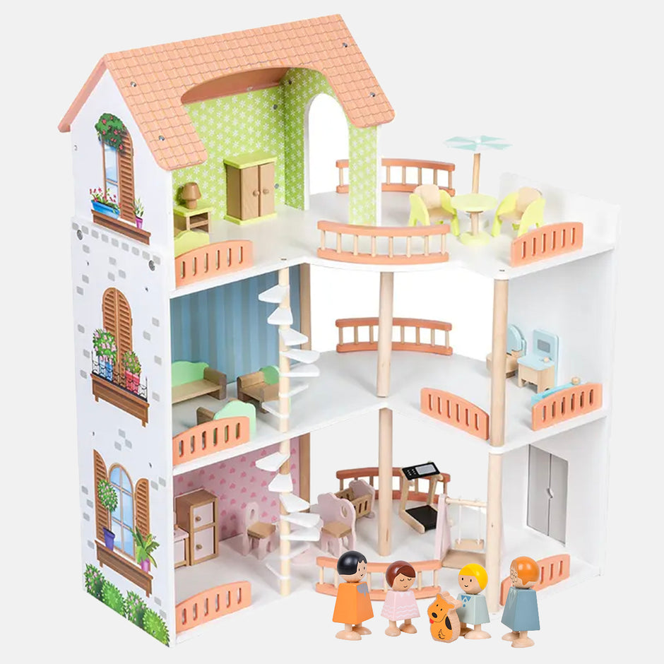 Casa de Muñecas Princess Villa – Madera de lujo con 3 niveles, muebles y muñecos incluidos