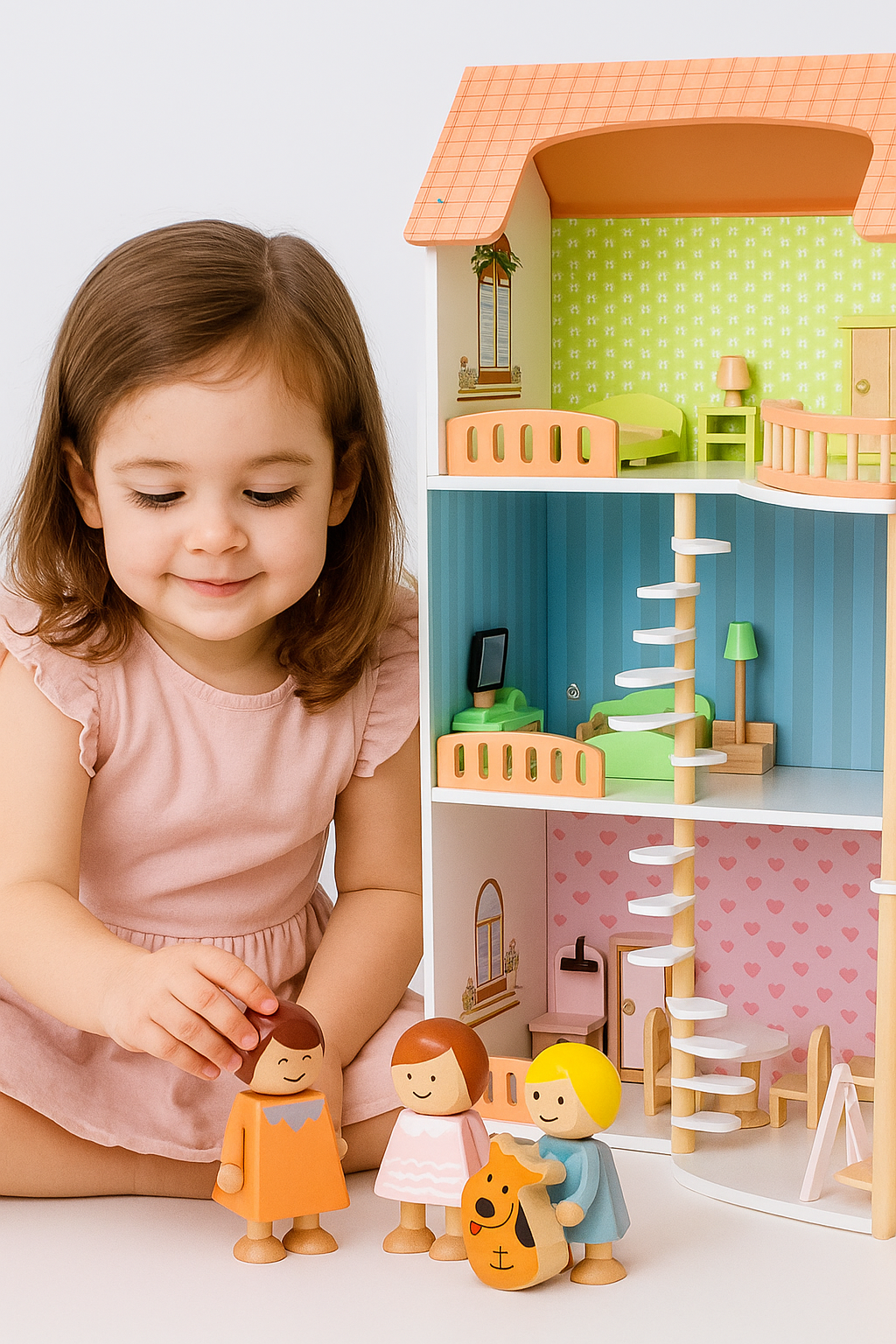 Casa de Muñecas Princess Villa – Madera de lujo con 3 niveles, muebles y muñecos incluidos