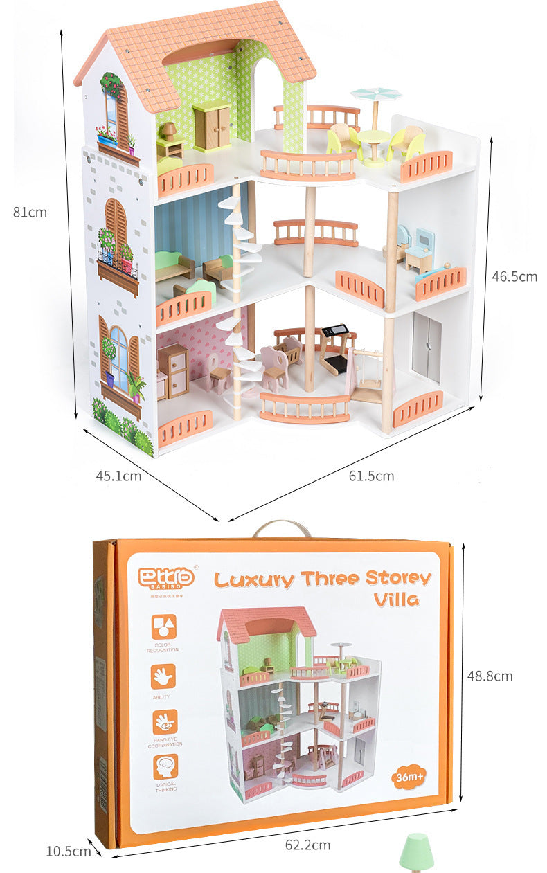 Casa de Muñecas Princess Villa – Madera de lujo con 3 niveles, muebles y muñecos incluidos