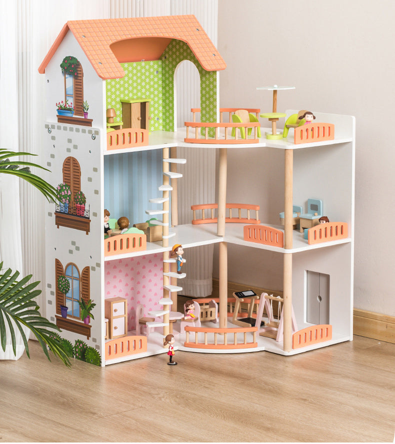 Casa de Muñecas Princess Villa – Madera de lujo con 3 niveles, muebles y muñecos incluidos