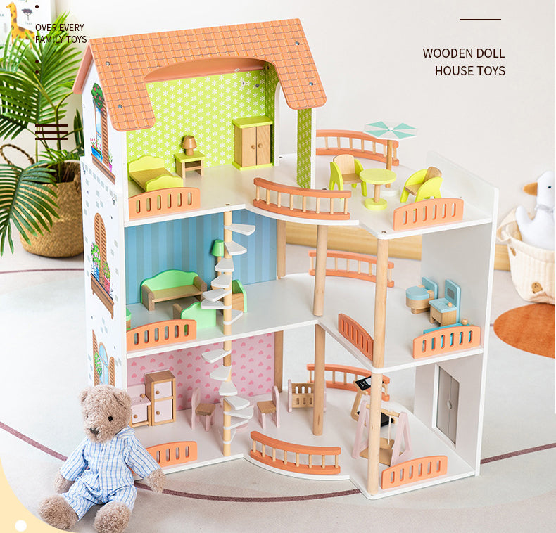 Casa de Muñecas Princess Villa – Madera de lujo con 3 niveles, muebles y muñecos incluidos