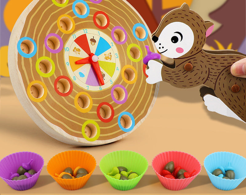 Clasificador Montessori de Colores – Juego de la Ardilla y Bellotas de Madera
