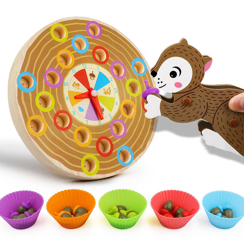 Clasificador Montessori de Colores – Juego de la Ardilla y Bellotas de Madera