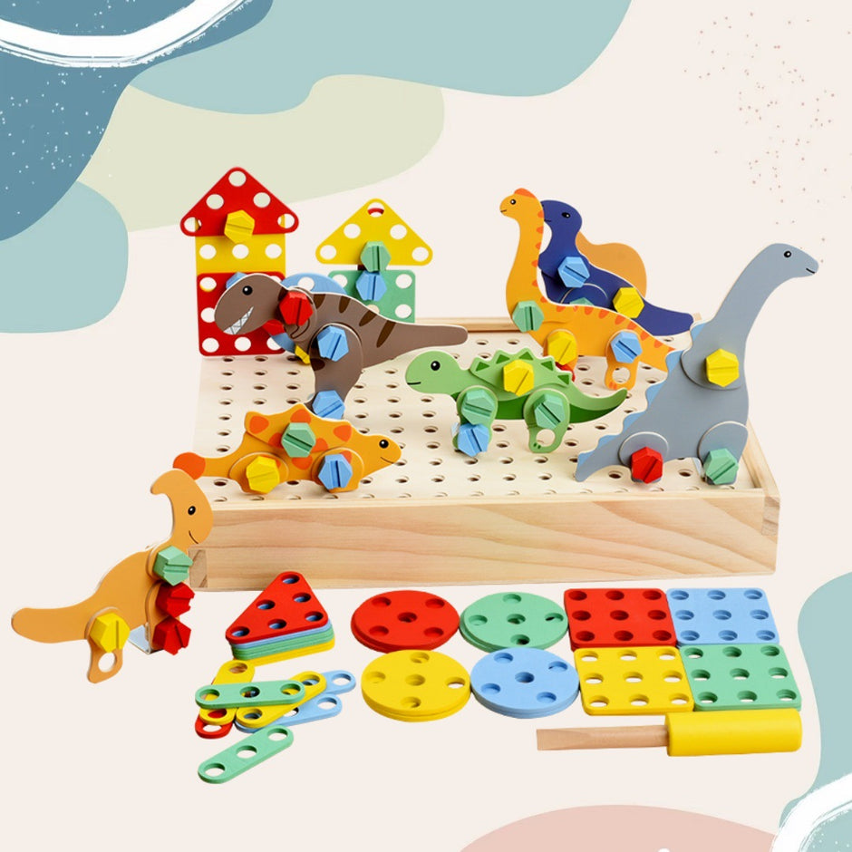 Set de Construcción Montessori “Dino Builders” – Juguete de Ensamble en Madera