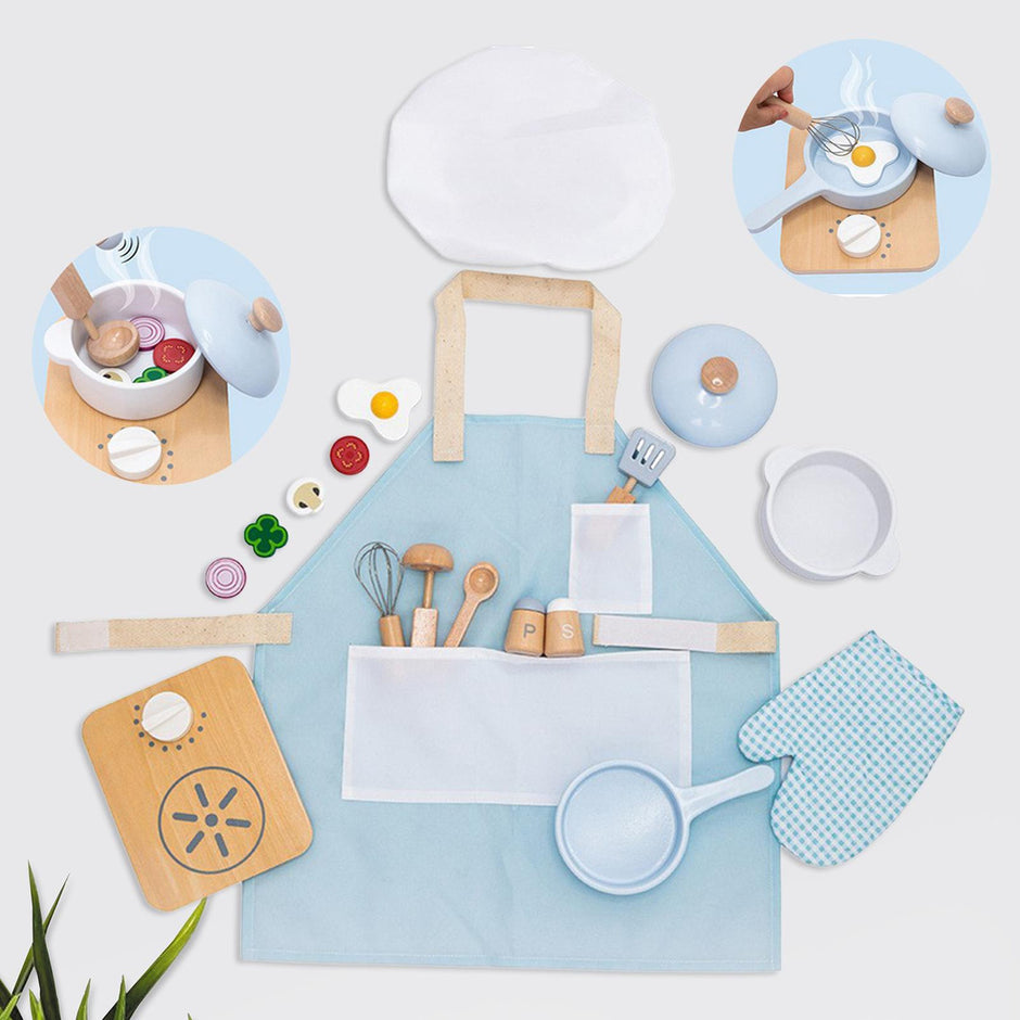 Set de Chef Montessori – Delantal, Gorro y Utensilios de Cocina de Madera