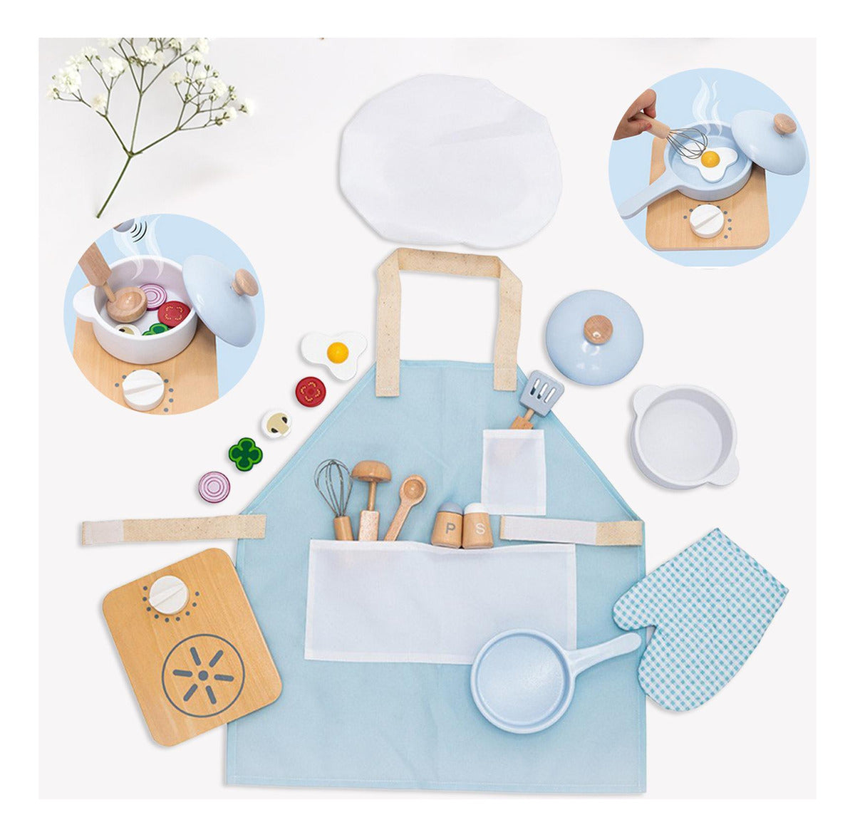 Set de Chef Montessori – Delantal, Gorro y Utensilios de Cocina de Madera