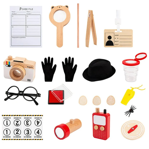 Detective en Acción – Kit de Investigación con Accesorios de Madera y Disfraz