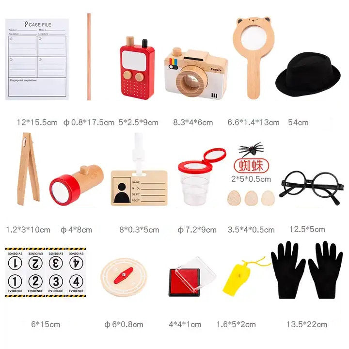 Detective en Acción – Kit de Investigación con Accesorios de Madera y Disfraz