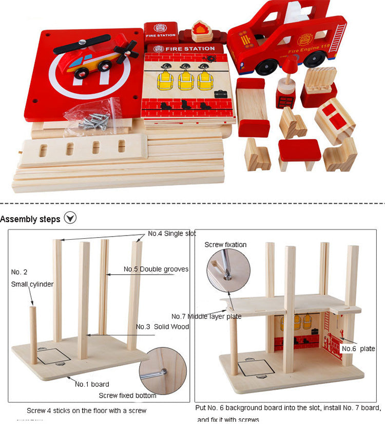 Estación de Bomberos de Madera – Para armar con muebles, motobomba y helicóptero