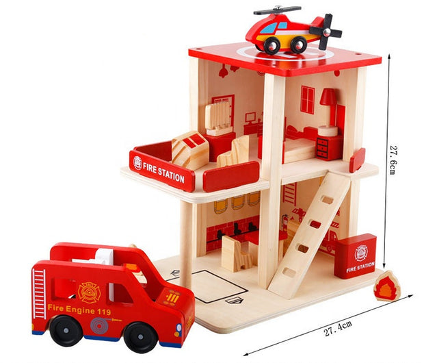 Estación de Bomberos de Madera – Para armar con muebles, motobomba y helicóptero