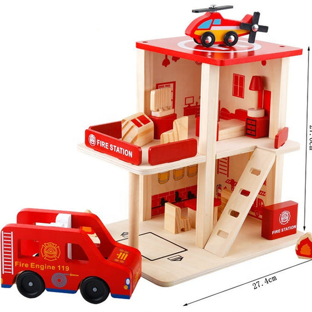 Estación de Bomberos de Madera – Para armar con muebles, motobomba y helicóptero