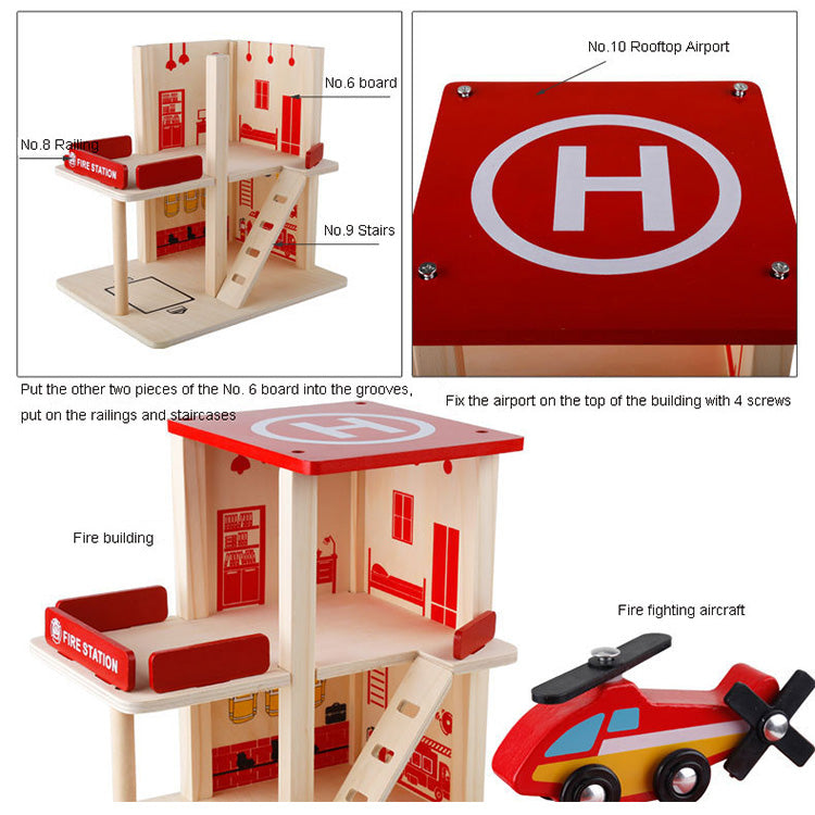 Estación de Bomberos de Madera – Para armar con muebles, motobomba y helicóptero