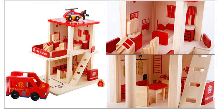 Estación de Bomberos de Madera – Para armar con muebles, motobomba y helicóptero