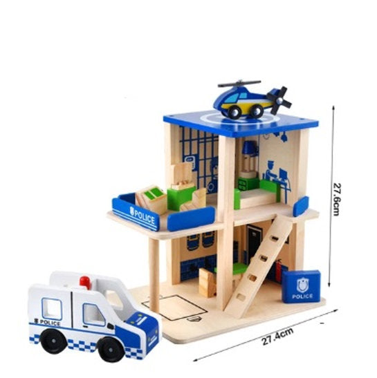 ¡Alerta en la ciudad! Estación de Policía de Madera con Helicóptero, Patrulla y Oficiales