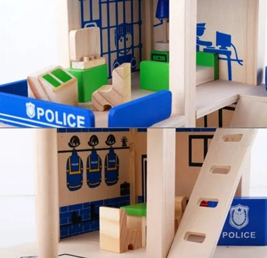 ¡Alerta en la ciudad! Estación de Policía de Madera con Helicóptero, Patrulla y Oficiales