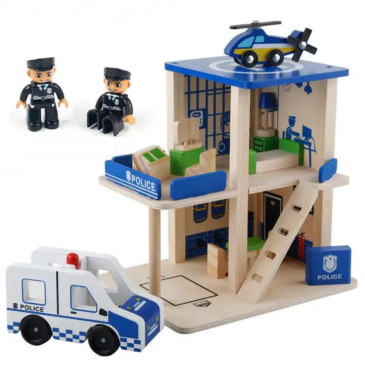 ¡Alerta en la ciudad! Estación de Policía de Madera con Helicóptero, Patrulla y Oficiales