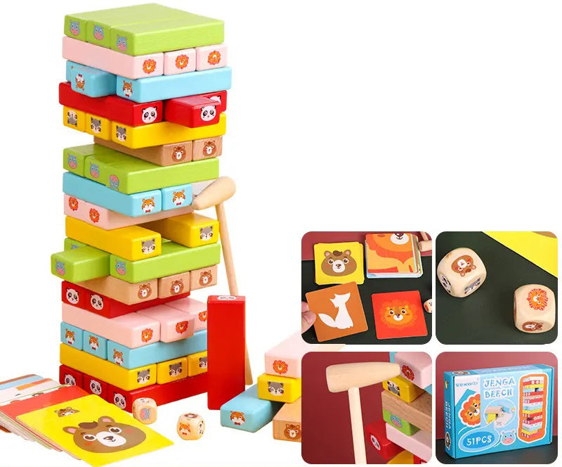 Torre Animal Jenga – Juego de Madera Montessori con Dados y Tarjetas