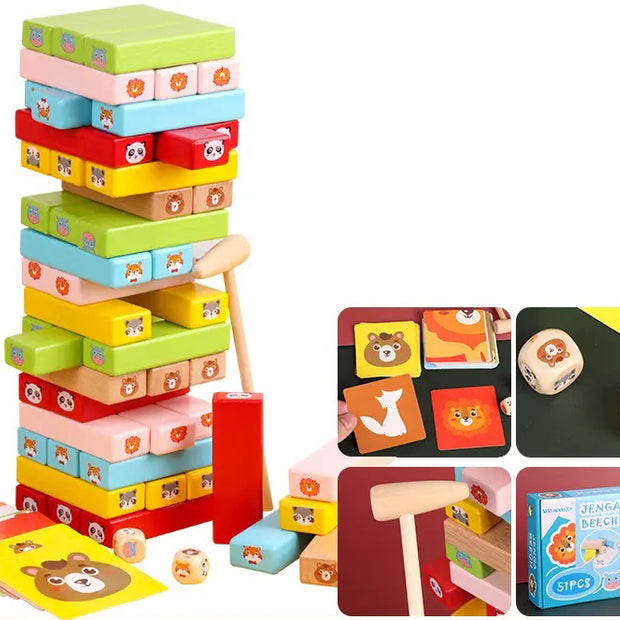 Torre Animal Jenga – Juego de Madera Montessori con Dados y Tarjetas