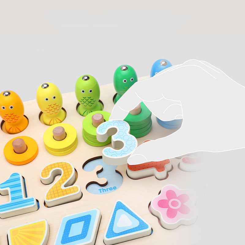 Tablero Educativo Multifuncional de Madera – Pesca, números, formas y clasificación para aprender jugando