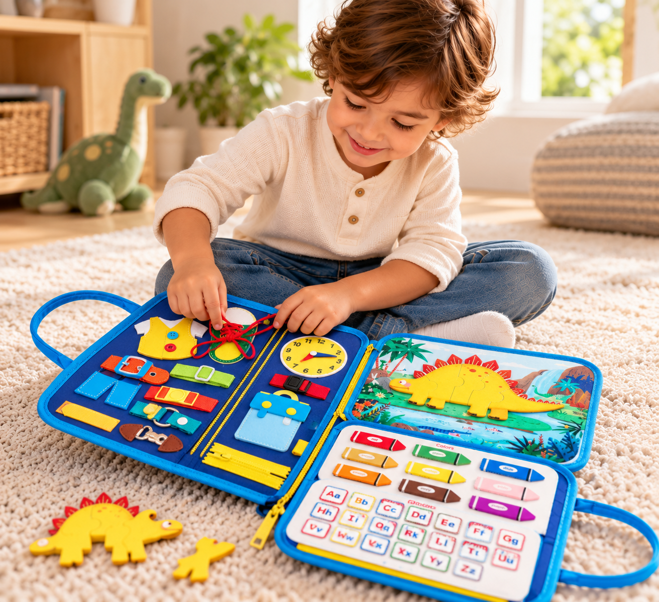Libro Sensorial Montessori de Dinosaurios 8 en 1