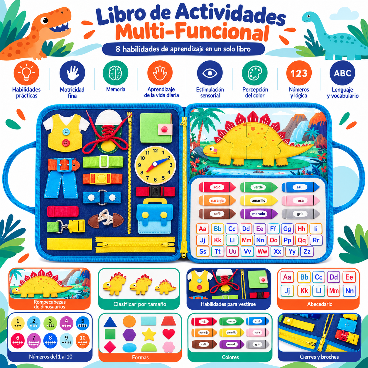 Libro Sensorial Montessori de Dinosaurios 8 en 1