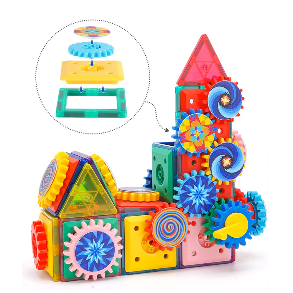 Magnetic Gear Tiles – 130 piezas con bloques magnéticos y engranajes que giran en conjunto