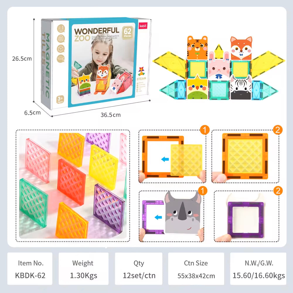 Magnetic Tiles Wonderful Zoo – 62 piezas para construir animales como cebra, conejo y tigre