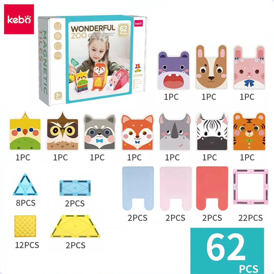 Magnetic Tiles Wonderful Zoo – 62 piezas para construir animales como cebra, conejo y tigre