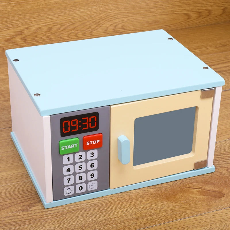 ¡Hora de calentar la diversión! Microondas de madera con alimentos – Juego de cocina Montessori