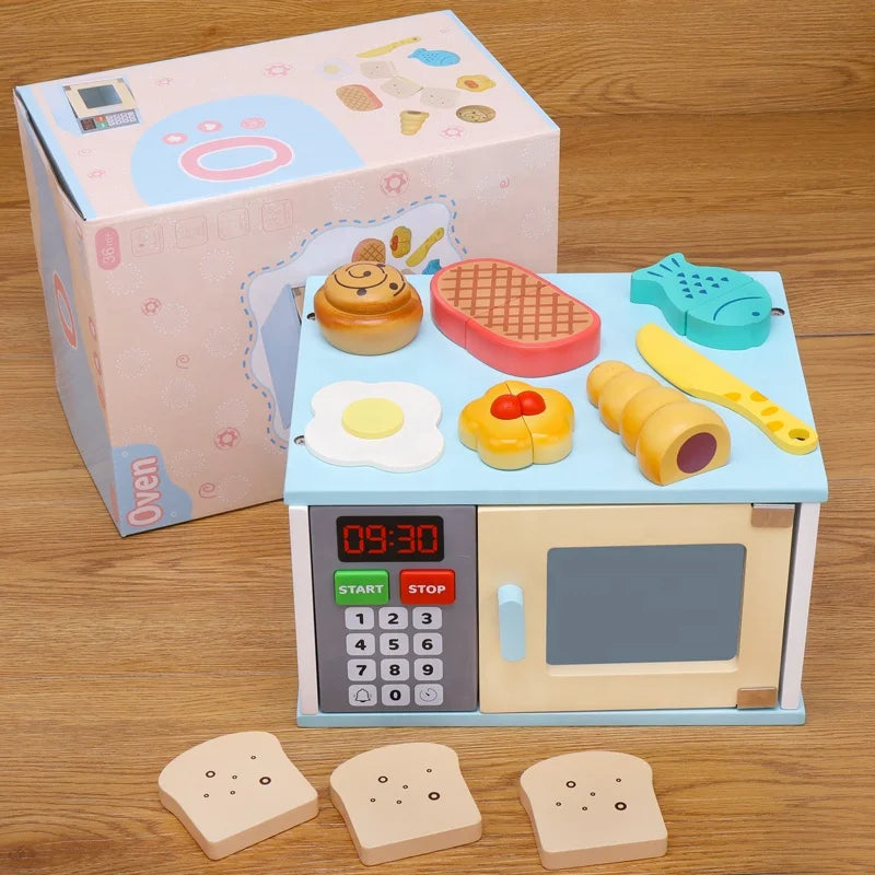 ¡Hora de calentar la diversión! Microondas de madera con alimentos – Juego de cocina Montessori