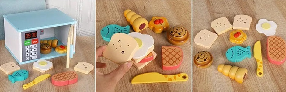 ¡Hora de calentar la diversión! Microondas de madera con alimentos – Juego de cocina Montessori