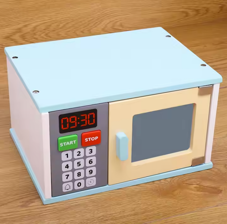 ¡Hora de calentar la diversión! Microondas de madera con alimentos – Juego de cocina Montessori