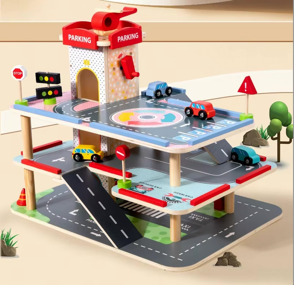 Centro de Estacionamiento de Madera – Parking de 3 Niveles con Rampas, Ascensor y Accesorios