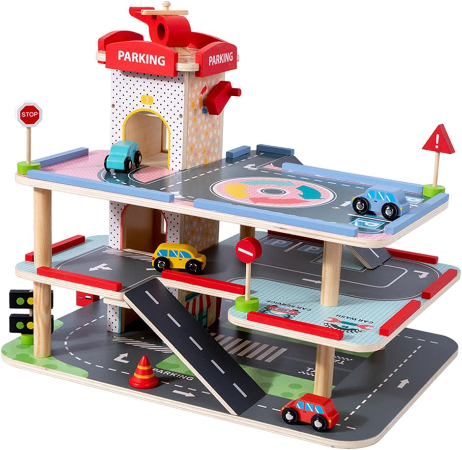 Centro de Estacionamiento de Madera – Parking de 3 Niveles con Rampas, Ascensor y Accesorios