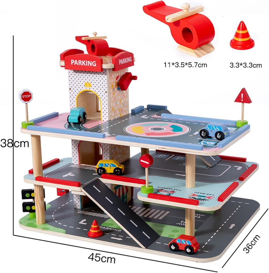 Centro de Estacionamiento de Madera – Parking de 3 Niveles con Rampas, Ascensor y Accesorios