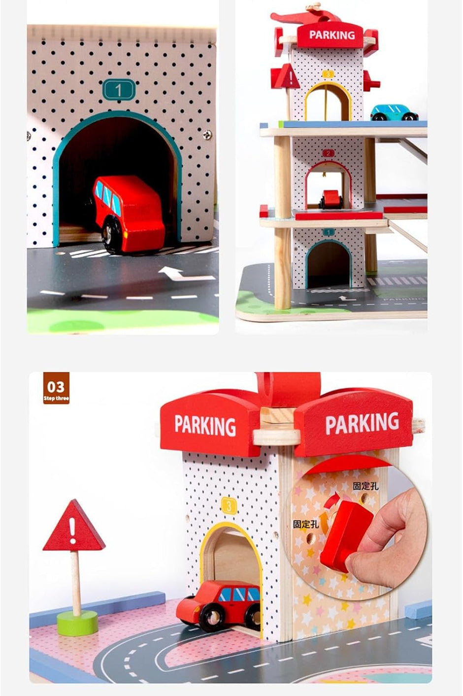 Centro de Estacionamiento de Madera – Parking de 3 Niveles con Rampas, Ascensor y Accesorios