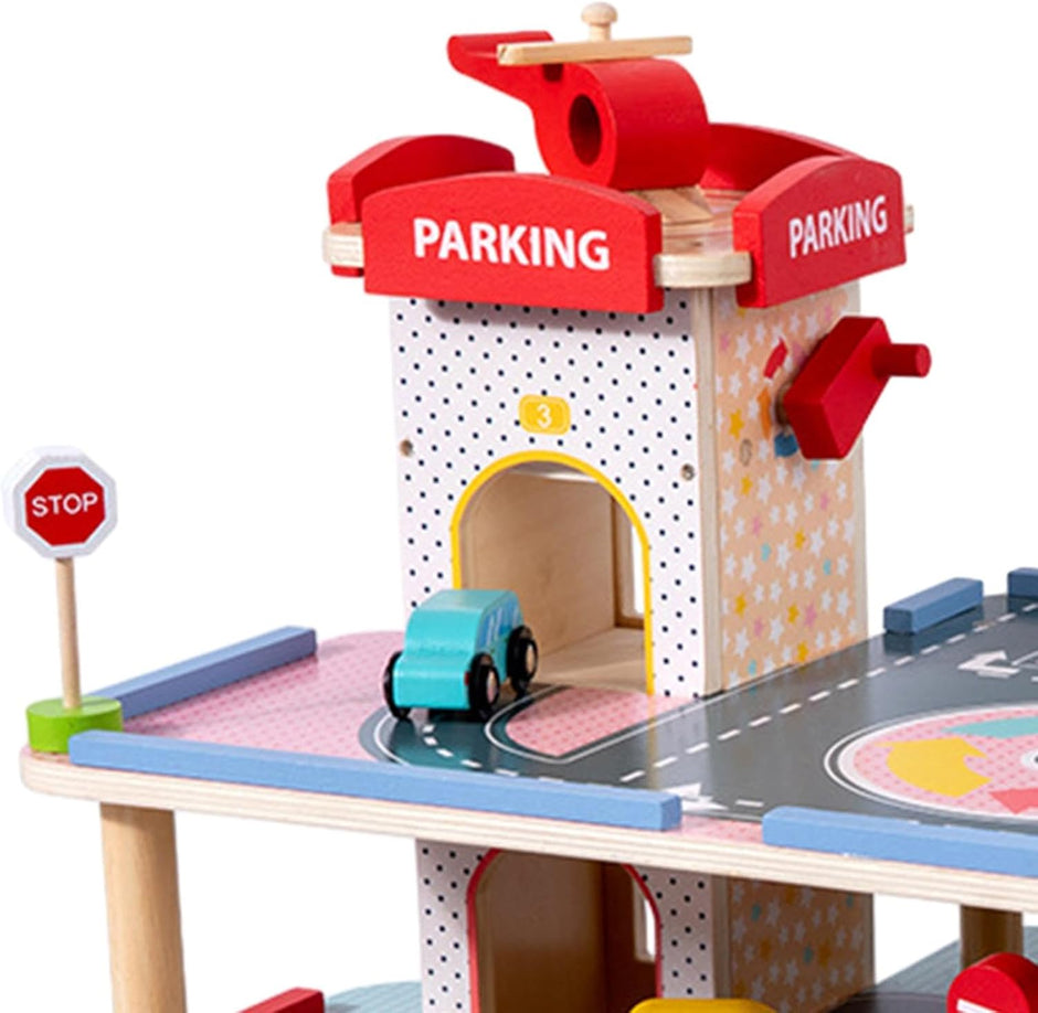 Centro de Estacionamiento de Madera – Parking de 3 Niveles con Rampas, Ascensor y Accesorios