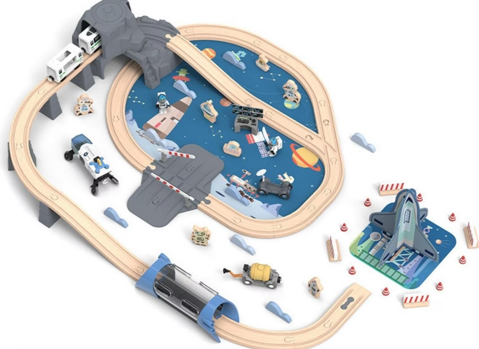 Estación Espacial de Madera con Tren y Astronautas – 89 Piezas para una Aventura Galáctica