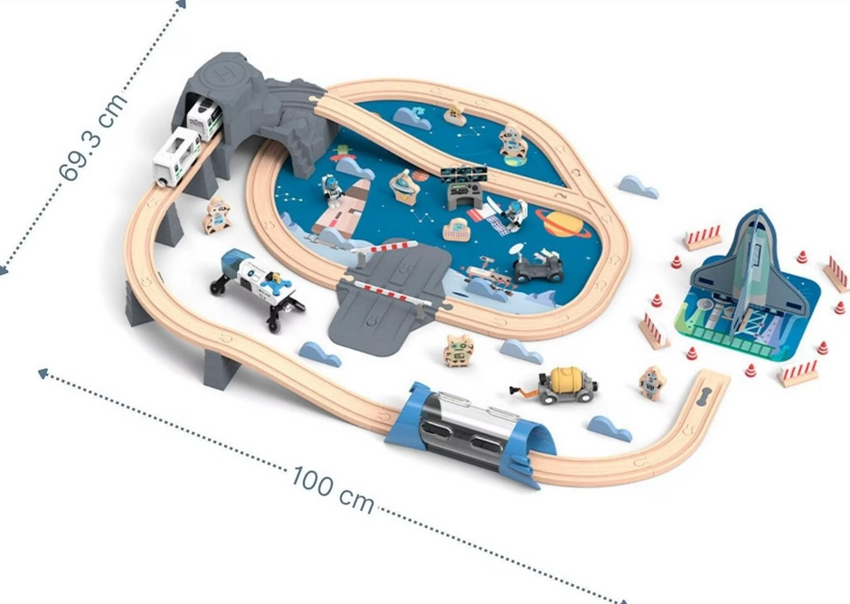 Estación Espacial de Madera con Tren y Astronautas – 89 Piezas para una Aventura Galáctica