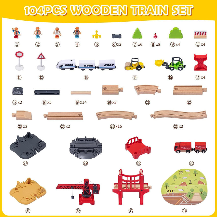 Gran Ciudad del Tren – Set de Madera con 104 Piezas y Tren Eléctrico