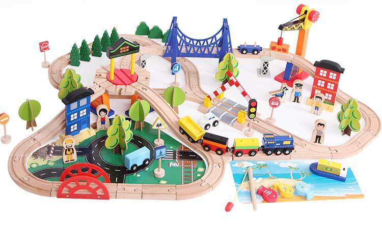 Mega Pista de Tren de Madera – Ciudad y Puerto con 108 Piezas