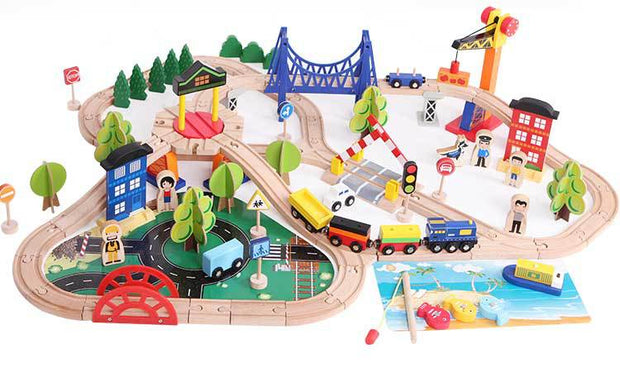 Mega Pista de Tren de Madera – Ciudad y Puerto con 108 Piezas
