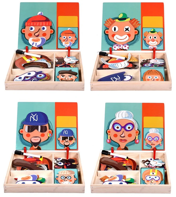 Puzzle Magnético de Rostros Divertidos – Caja de Madera con Tarjetas