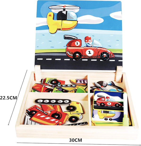 Puzzle Magnético de Vehículos – Caja de Madera con Tarjetas y Piezas