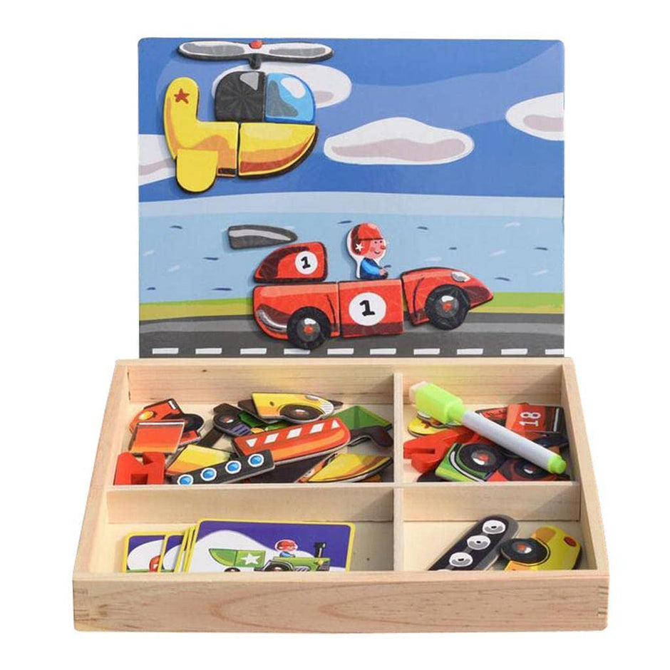 Puzzle Magnético de Vehículos – Caja de Madera con Tarjetas y Piezas